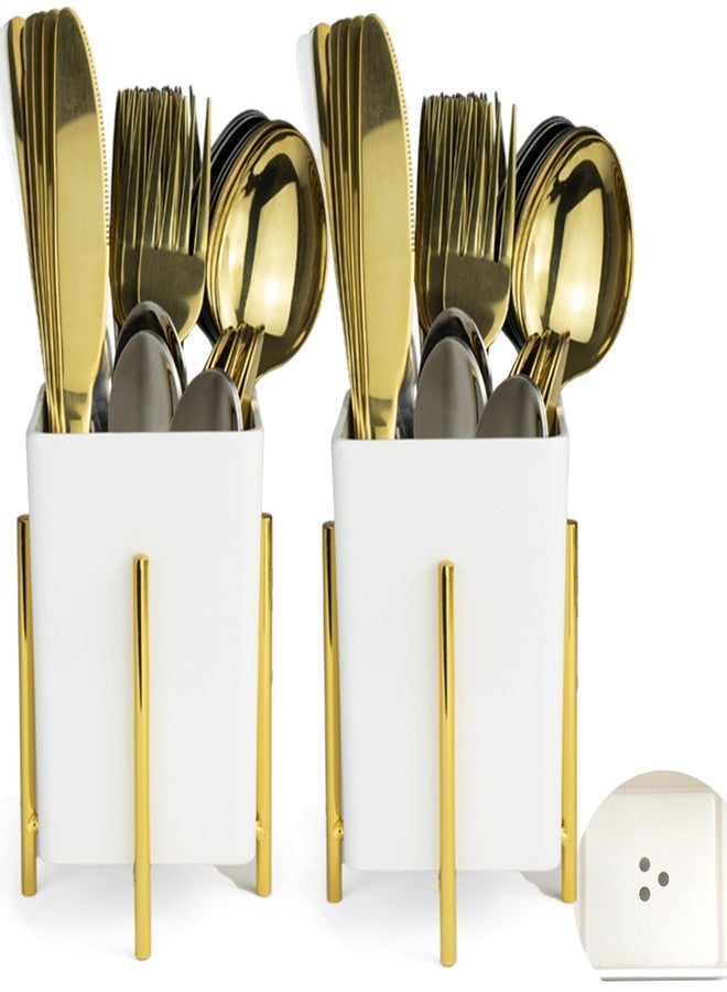 ECOIOU Silverware Caddy with Drain Holes, Cutlery Holder for Party Countertop, kitchen counter, Melamine Bins Set Kitchen Utensil Holder for Spoons, Forks and Knives, White, Pack of 2 - Image 1